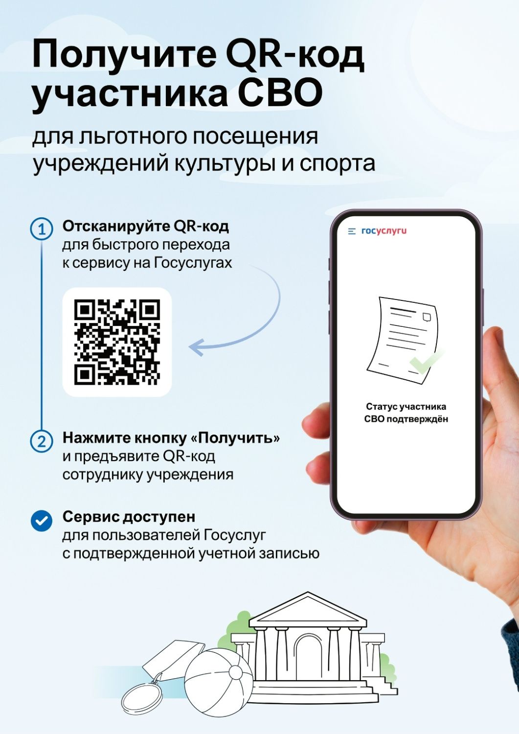 Участники СВО могут использовать QR-коды из «Госуслуг».для бесплатного посещения государственных учреждений культуры и спорта